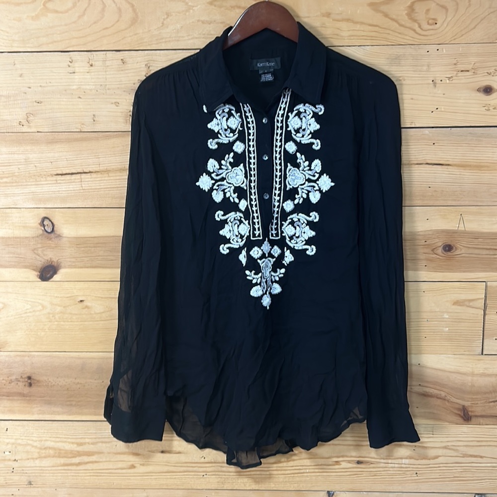 LAST CALL Karen Kane sheer henley button LS black crepe blouse top shirt LG - Picture 10 of 12